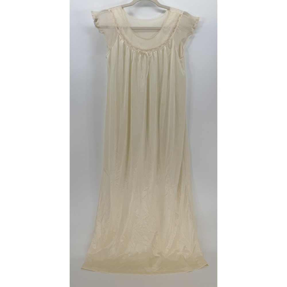 Vintage Nylon Gown Cream Cap Sleeves Gathered Neckline Tie Women's XS